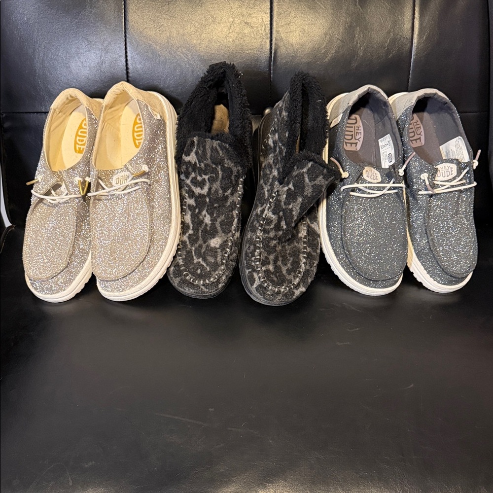 Hey Dude Glitter and Leopard Shoe Trio Size 10